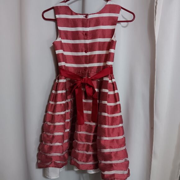 Jona Michelle Red White Stripe Party Dress Sleeveless with Faux Fur Shrug Sz 12 - Picture 7 of 13